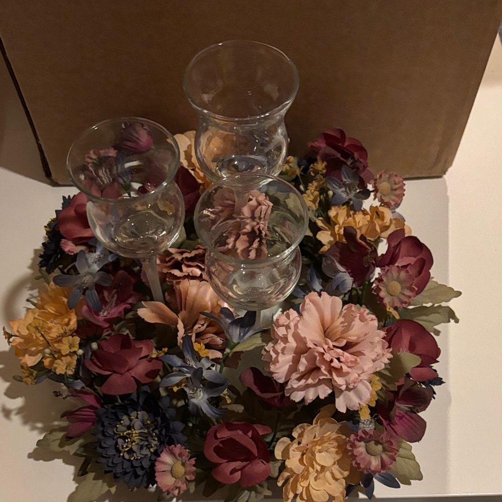 Floral Centerpiece Wreath with Glass Candle Holders - Pink & Burgundy